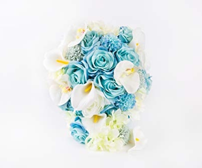 Product: Abbie Home Dusty Blue Calla Lily White Dahlia Cascading Bridal Bouquets - Silk Flowers for Beach Wedding with Ribbon and Lace Décor (A Cascading Bouquet)