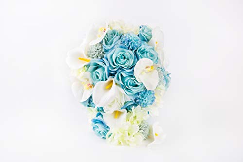 Product: Abbie Home Dusty Blue Calla Lily White Dahlia Cascading Bridal Bouquets - Silk Flowers for Beach Wedding with Ribbon and Lace Décor (A Cascading Bouquet)