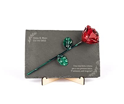 Product: Forging Art Bcn® Pet Memorial Slate with Personalized Engraving for Dog, Cat and Horse (Slate with Text and Rose)