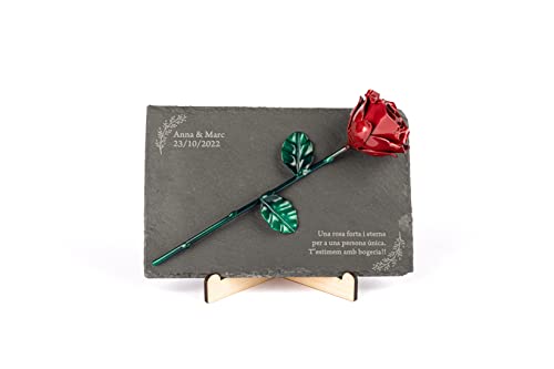 Product: Forging Art Bcn® Pet Memorial Slate with Personalized Engraving for Dog, Cat and Horse (Slate with Text and Rose)