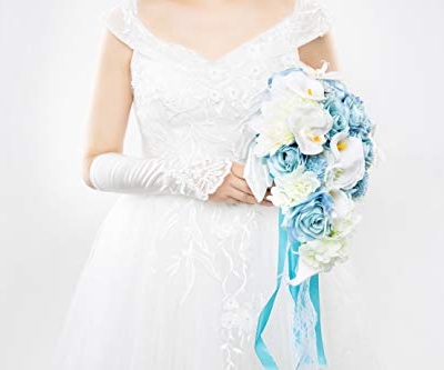Product: Abbie Home Dusty Blue Calla Lily White Dahlia Cascading Bridal Bouquets - Silk Flowers for Beach Wedding with Ribbon and Lace Décor (A Cascading Bouquet)