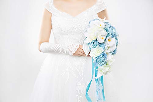 Product: Abbie Home Dusty Blue Calla Lily White Dahlia Cascading Bridal Bouquets - Silk Flowers for Beach Wedding with Ribbon and Lace Décor (A Cascading Bouquet)