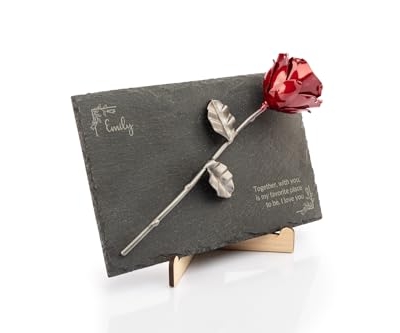 Product: Forging Art Bcn® Pet Memorial Slate with Personalized Engraving for Dog, Cat and Horse (Slate with Text and Rose)