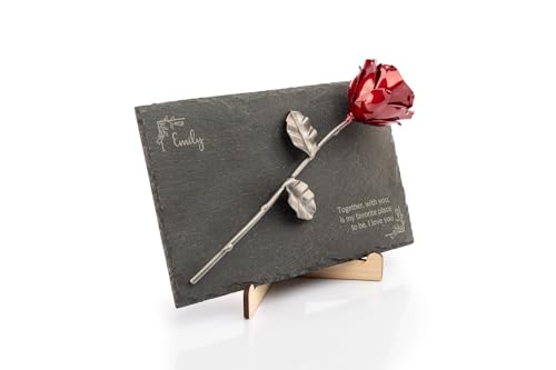 Product: Forging Art Bcn® Pet Memorial Slate with Personalized Engraving for Dog, Cat and Horse (Slate with Text and Rose)