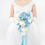 Product: Abbie Home Dusty Blue Calla Lily White Dahlia Cascading Bridal Bouquets - Silk Flowers for Beach Wedding with Ribbon and Lace Décor (A Cascading Bouquet)
