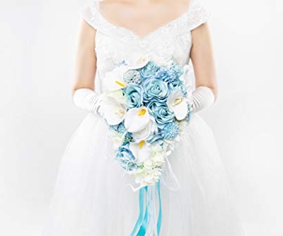 Product: Abbie Home Dusty Blue Calla Lily White Dahlia Cascading Bridal Bouquets - Silk Flowers for Beach Wedding with Ribbon and Lace Décor (A Cascading Bouquet)