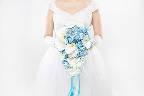 Product: Abbie Home Dusty Blue Calla Lily White Dahlia Cascading Bridal Bouquets - Silk Flowers for Beach Wedding with Ribbon and Lace Décor (A Cascading Bouquet)