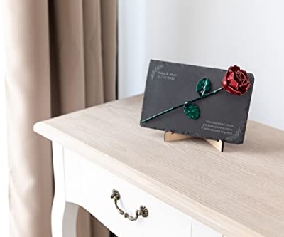 Product: Forging Art Bcn® Pet Memorial Slate with Personalized Engraving for Dog, Cat and Horse (Slate with Text and Rose)