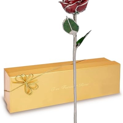Product: Forever Rose Real Red Rose with Platinum Trimmed Petals and Platinum Stem, Handcrafted Preserved Rose in Luxury Gold Gift Box, Romantic Gift for Her, Elegant Gift for Any Occasion