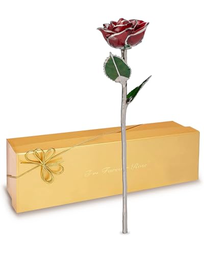 Product: Forever Rose Real Red Rose with Platinum Trimmed Petals and Platinum Stem, Handcrafted Preserved Rose in Luxury Gold Gift Box, Romantic Gift for Her, Elegant Gift for Any Occasion