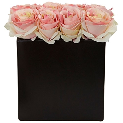 Product: Nearly Natural 1 Roses Silk Arrangement in 9" H Black Vase, Light Pink