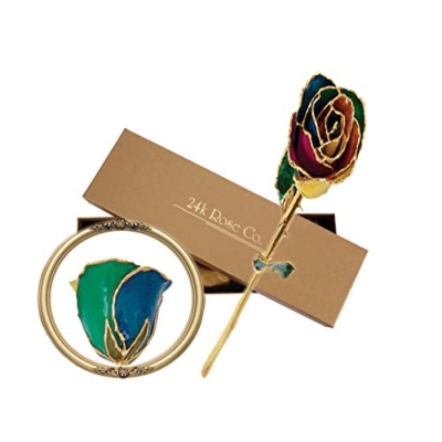 Product: Long Stem Dipped 24K Gold Trim Rainbow Genuine Rose in Gift Box- El tallo Largo sumergió 24K Gold Trim Rainbow Rose genuina en caja de Regalo