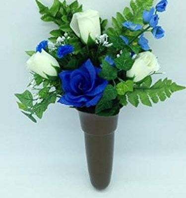 Silky Flower Store Memorial Mausoleum Vase Cream Rose Delphinium Silk Flower, Bolt Support Crypt Vase, 15in 15 15 Product: Memory Lane Memorials Crypt Mausoleum Vase & Cream Rose Delphinium Silk Flower w/Bolt Support