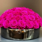 Product: Everlasting Hot Pink Roses in Hand-Made Ceramic Dish in Platinum Luster Finish