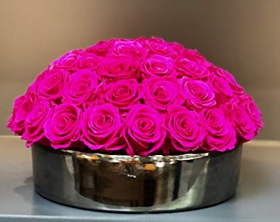 Product: Everlasting Hot Pink Roses in Hand-Made Ceramic Dish in Platinum Luster Finish