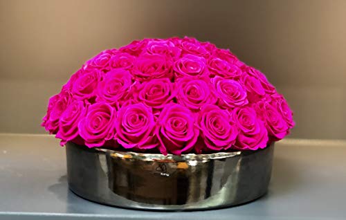 Everlasting Hot Pink Roses in Hand-Made Ceramic Dish in Platinum Luster Finish - Artificial Flower Arrangements Product: Everlasting Hot Pink Roses in Hand-Made Ceramic Dish in Platinum Luster Finish