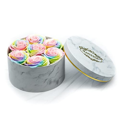 Product: White Marble Medium Round Soap Flower Box - Rainbow Roses