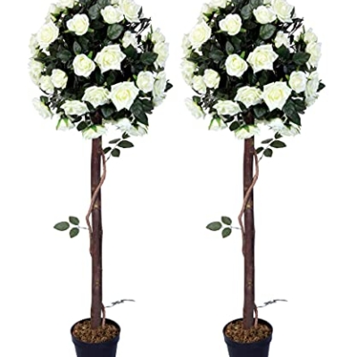 Product: AMERIQUE Pair 4 Feet Gorgeous & Lifelike Artificial Trees, Nursery Pot, Real Touch Tech, 4' with 48 Rose Flowers Each, Green & White