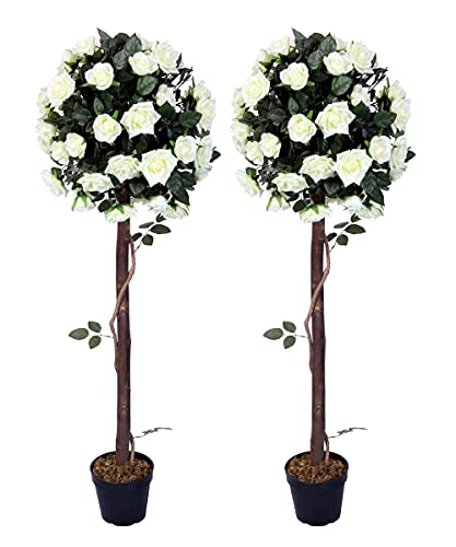 Product: AMERIQUE Pair 4 Feet Gorgeous & Lifelike Artificial Trees, Nursery Pot, Real Touch Tech, 4' with 48 Rose Flowers Each, Green & White