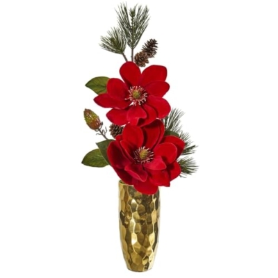 Product: Nearly Natural Magnolia and Pine Artificial Gold Vase Silk Arrangements Red