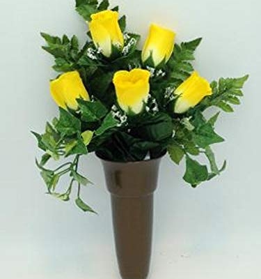 Product: Crypt Mausoleum Vase & Yellow Rose Silk Flowers with Button Bolt Support