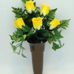 Product: Crypt Mausoleum Vase & Yellow Rose Silk Flowers with Button Bolt Support