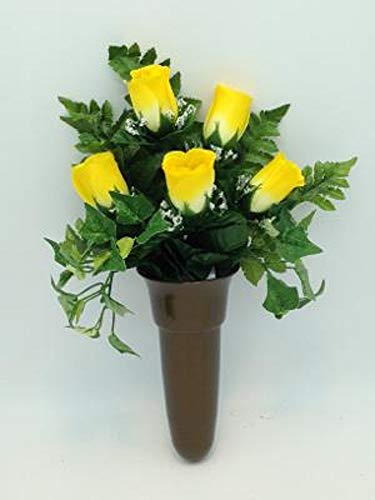 Product: Crypt Mausoleum Vase & Yellow Rose Silk Flowers with Button Bolt Support