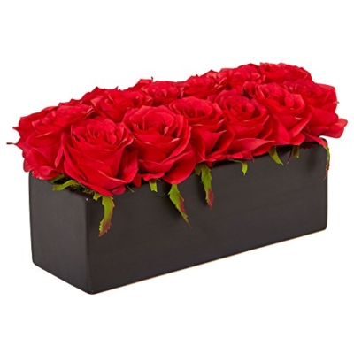 Silky Flower Store Silk Roses Ceramic Rectangular Planter, Artificial Floral Centerpiece, Black Planter, 6H x 12.5W x 6D 9 9 Product: Nearly Natural Dozen Silk Roses in Ceramic Rectangular Planter