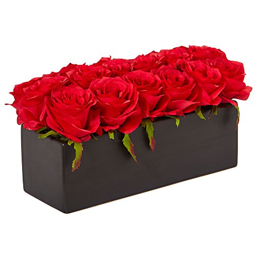 Silky Flower Store Silk Roses Ceramic Rectangular Planter, Artificial Floral Centerpiece, Black Planter, 6H x 12.5W x 6D 1 1 Product: Nearly Natural Dozen Silk Roses in Ceramic Rectangular Planter