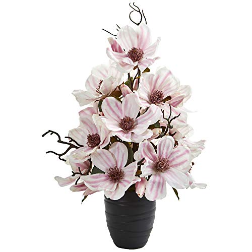 Nearly Natural Magnolia Artificial Black Vase Silk Arrangements Pink - Artificial Flower Arrangements Product: Nearly Natural Magnolia Artificial Black Vase Silk Arrangements Pink