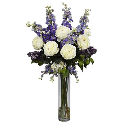 Product: Nearly Natural Rose, Delphinium and Lilac Silk Flower Arrangement