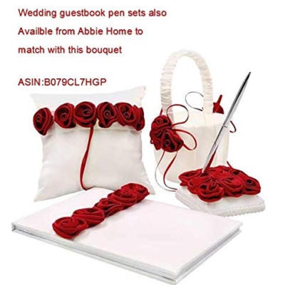 Product: Abbiehome Handmade Bridal Bridesmaids Brooch Bouquet Satin Roses with Crystal Diamond Pearl Decor (Burgundy+Ivory) 8"*8"*11"