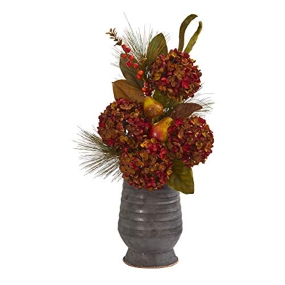 Product: Nearly Natural 26in. Hydrangea, Pear and Magnolia Artificial Arrangement in Metal Vase