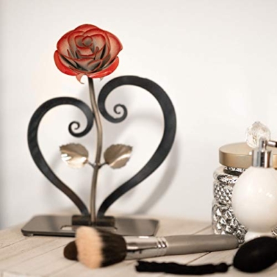 Product: Gift Hand-Forged Wrought Iron Red Metal Rose with Heart - Shaped Stand - Iron Anniversary Gift