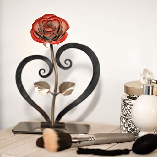 Product: Gift Hand-Forged Wrought Iron Red Metal Rose with Heart - Shaped Stand - Iron Anniversary Gift