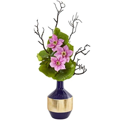Product: Nearly Natural 22” Anemone and Lotus Leaf Artificial Vase Silk Arrangements, Pink
