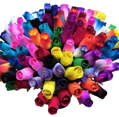 Product: 144 Individual Wooden Roses of Assorted Colors. Reds, Blues, Greens, Yellows, Pinks, Black, White, and Lots More Colors are Included.