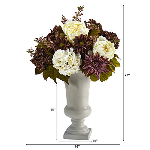Silky Flower Store Nearly Natural Peony Hydrangea Dahlia Artificial Arrangement, Sand Colored Urn, 27in. 1 1 Product: Nearly Natural 27in. Peony, Hydrangea and Dahlia Artificial Arrangement in Sand Colored Urn