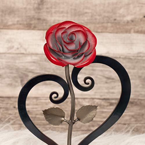 Product: Gift Hand-Forged Wrought Iron Red Metal Rose with Heart - Shaped Stand - Iron Anniversary Gift