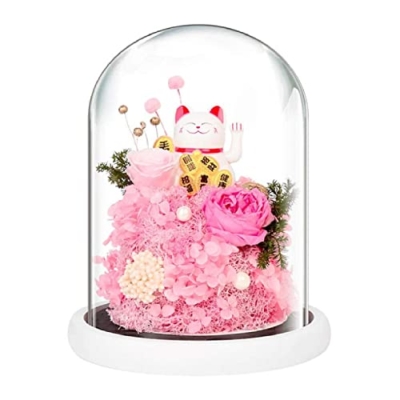 Product: KDFJ Eternal Rose Preserved Real Flower with Lucky Cat Doll in Glass Dome,Forever Rainbow Rose Artificial Flower Glass Dome, Galaxy Eternal Rose,Pink