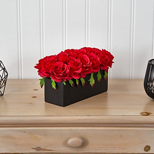 Silky Flower Store Silk Roses Ceramic Rectangular Planter, Artificial Floral Centerpiece, Black Planter, 6H x 12.5W x 6D 4 4 Product: Nearly Natural Dozen Silk Roses in Ceramic Rectangular Planter