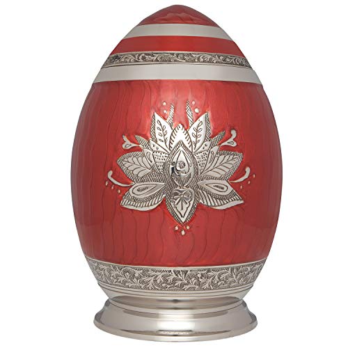 Product: Red Lotus Cremation Urn by Liliane Memorials - Urns for Human Ashes Remains - Brass - Suitable for Funeral Cemetery Burial or Niche - Large Size for Adults up to 200 lbs - Egg Silver Lotus Flower