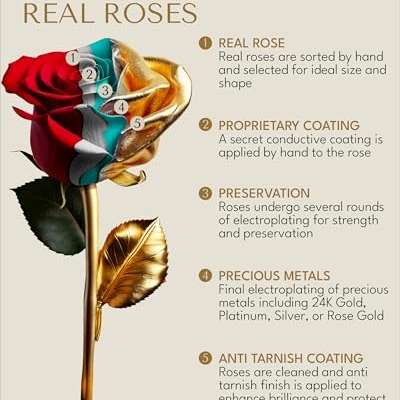 Silky Flower Store 24K Gold Dipped Real Rose Gift Box, Forever Rose Anniversary Valentine Birthday Wedding Gift, 32.5cm 9 9 Product: Forever Rose 24K Gold Dipped Real Rose – Handmade, Long-Lasting Preserved Flower in Gold Gift Box – Romantic Gift for Anniversary, Valentine's Day, Mother's Day, Birthday, Wedding, Wife, Girlfriend