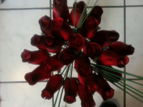 Product: Beautiful Wood Roses 2 Dozen Red with Black Tips with Onion grass