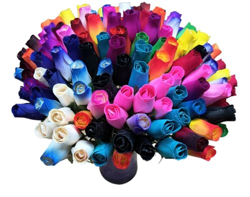Product: 144 Individual Wooden Roses of Assorted Colors. Reds, Blues, Greens, Yellows, Pinks, Black, White, and Lots More Colors are Included.