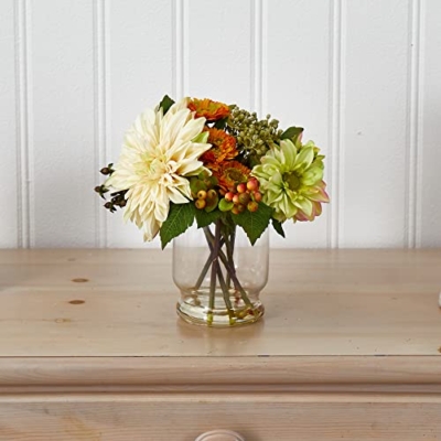 Silky Flower Store Artificial Dahlia Mum Arrangement, Faux Floral Centerpiece in Glass Vase, 10.5H x 9.5W x 7.5D 6 6 Product: Nearly Natural Mixed Dahlia and Mum with Glass Vase