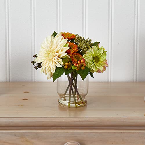 Silky Flower Store Artificial Dahlia Mum Arrangement, Faux Floral Centerpiece in Glass Vase, 10.5H x 9.5W x 7.5D 1 1 Product: Nearly Natural Mixed Dahlia and Mum with Glass Vase