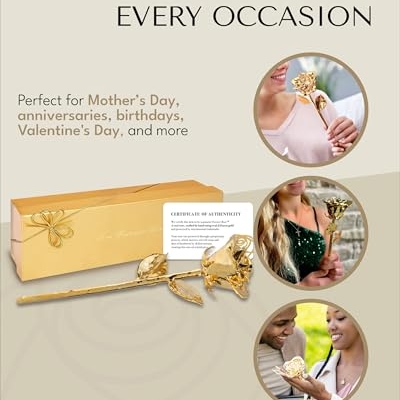 Silky Flower Store 24K Gold Dipped Real Rose Gift Box, Forever Rose Anniversary Valentine Birthday Wedding Gift, 32.5cm 12 12 Product: Forever Rose 24K Gold Dipped Real Rose – Handmade, Long-Lasting Preserved Flower in Gold Gift Box – Romantic Gift for Anniversary, Valentine's Day, Mother's Day, Birthday, Wedding, Wife, Girlfriend