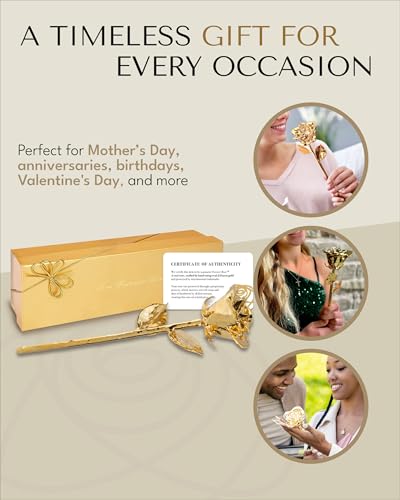 Silky Flower Store 24K Gold Dipped Real Rose Gift Box, Forever Rose Anniversary Valentine Birthday Wedding Gift, 32.5cm 4 4 Product: Forever Rose 24K Gold Dipped Real Rose – Handmade, Long-Lasting Preserved Flower in Gold Gift Box – Romantic Gift for Anniversary, Valentine's Day, Mother's Day, Birthday, Wedding, Wife, Girlfriend