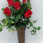 Product: Silk Red Rose Flowers and Crypt Mausoleum Vase with Disc Base Button for Epoxy